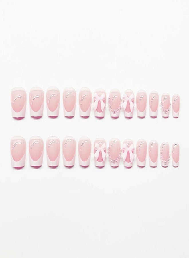 YoYoee Press on Nails -Short French Fake Nails Square False Nails Pearl Bow Nails Tips for Women and Girls 24Pcs - Image 2